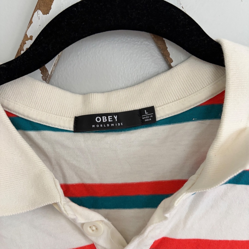 Obey Glenview Top striped long-sleeve cropped polo shirt size Large - Picture 4 of 8
